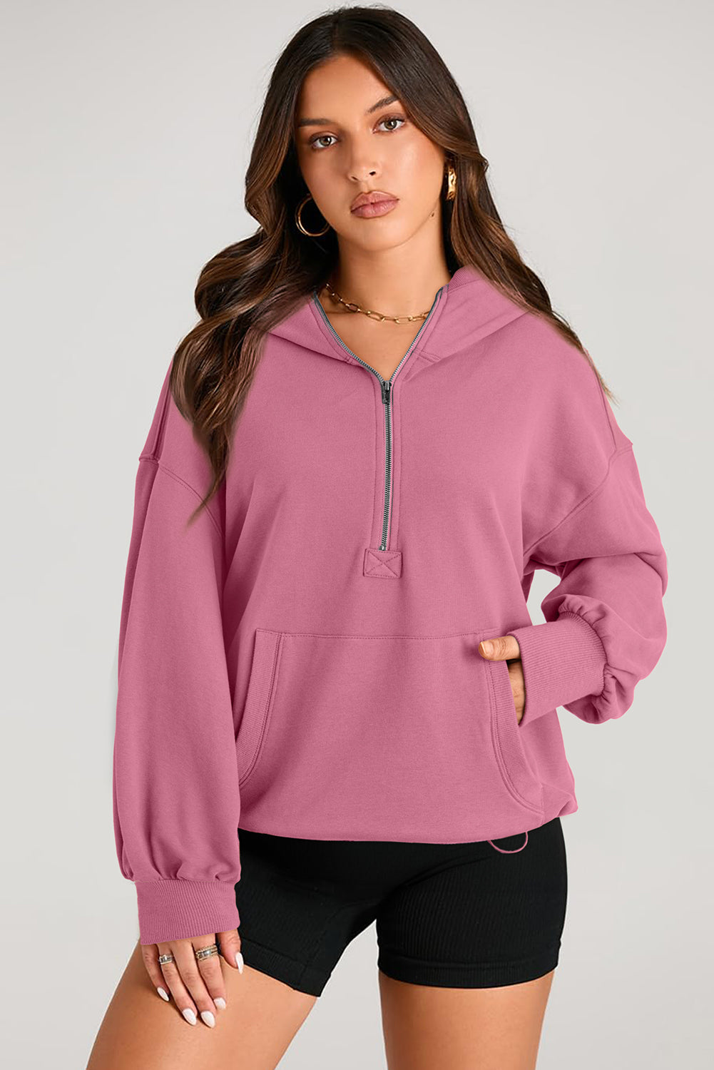 Valerian Solid Kangaroo Pocket Half Zipper Oversized Hoodie eAura
