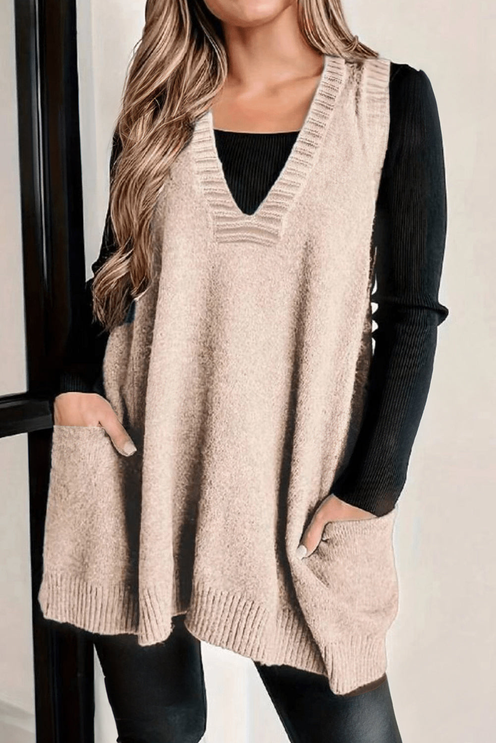 Rib Knit Deep V-Neckline Front Pocketed Baggy Tunic Sweater Vest - eAura