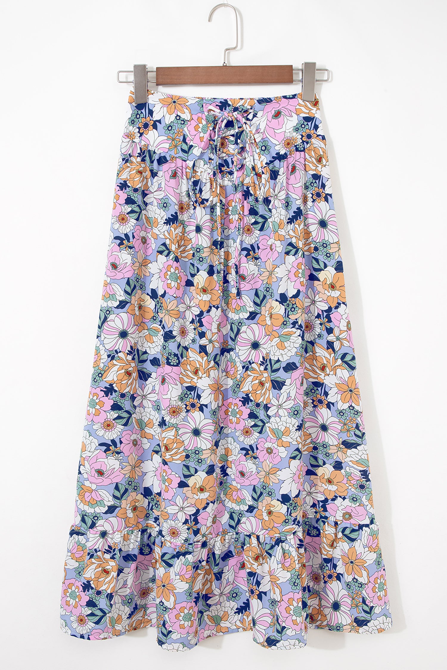 Pink Floral Print Lace-up High Waist Ruffle Hem Maxi Skirt