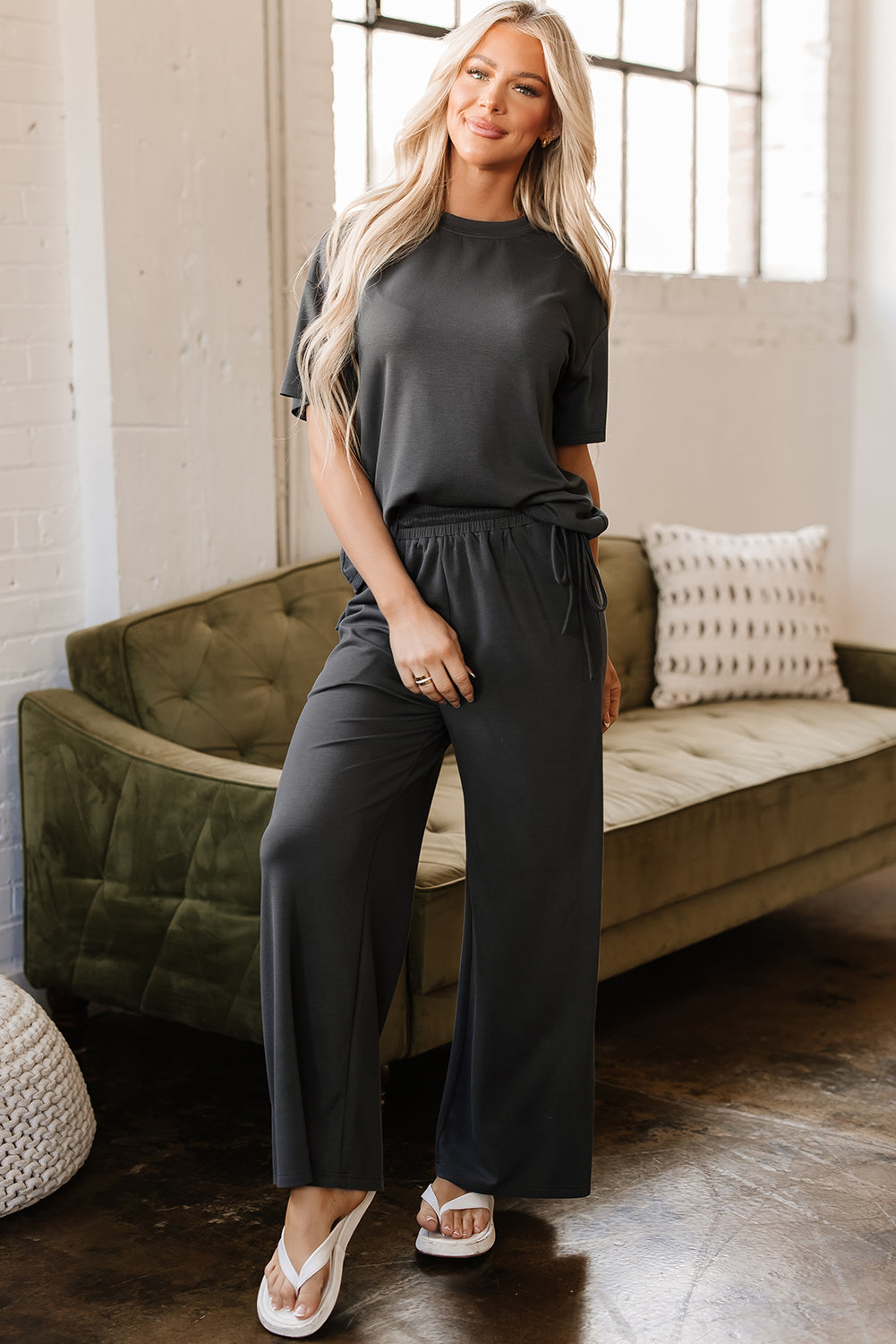 Dark Grey Drawstring Side Crewneck Tee and Loose Trousers Set eAura