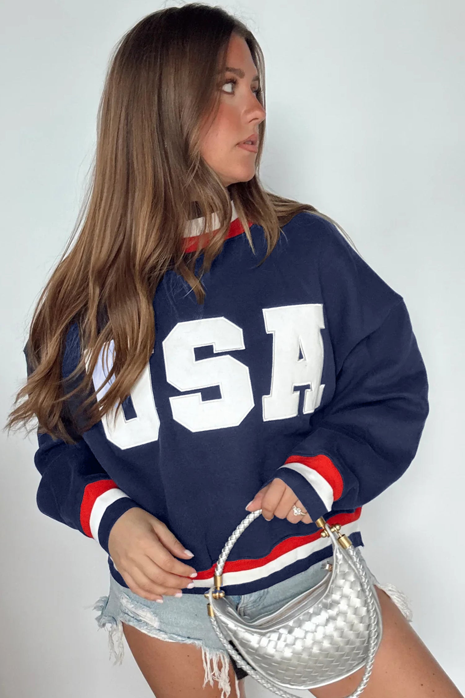 USA Slogan Patch Embroidery Colorblock High Neck Long Sleeve Sweatshirt – Dirty Blue