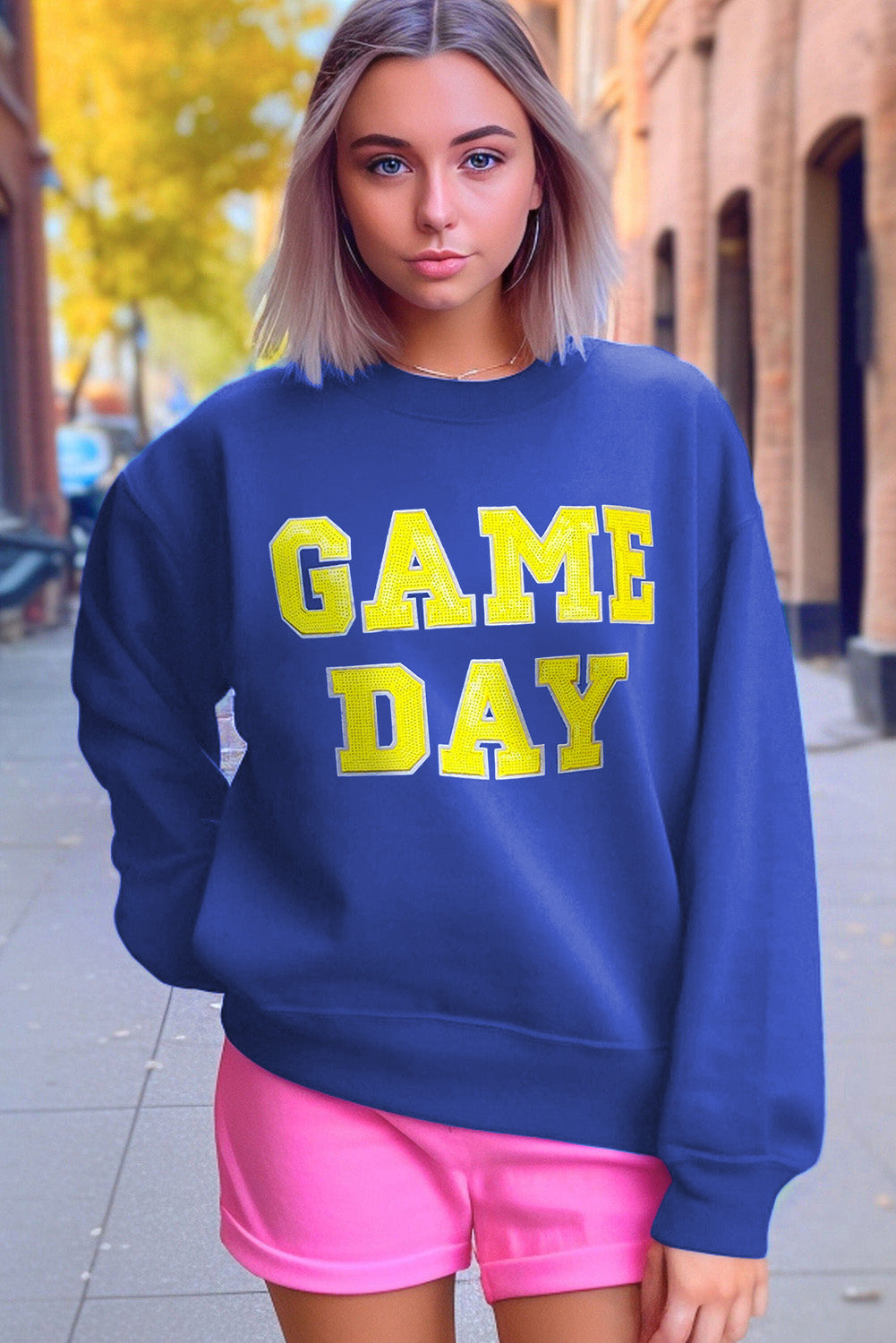 Dark Blue Game Day Crew Neck Graphic Pullover Sweatshirt eAura