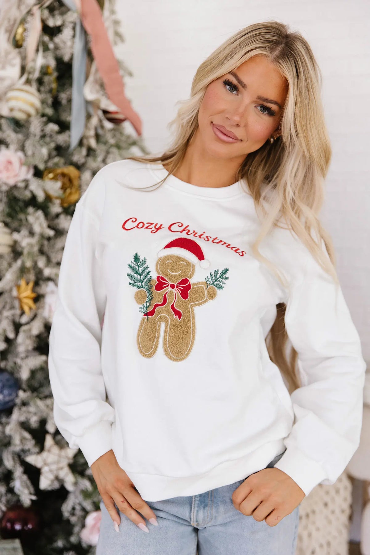 Pullover Sweatshirt Embroidered Gingerbread Cosy Christmas Long Sleeve Round Neck