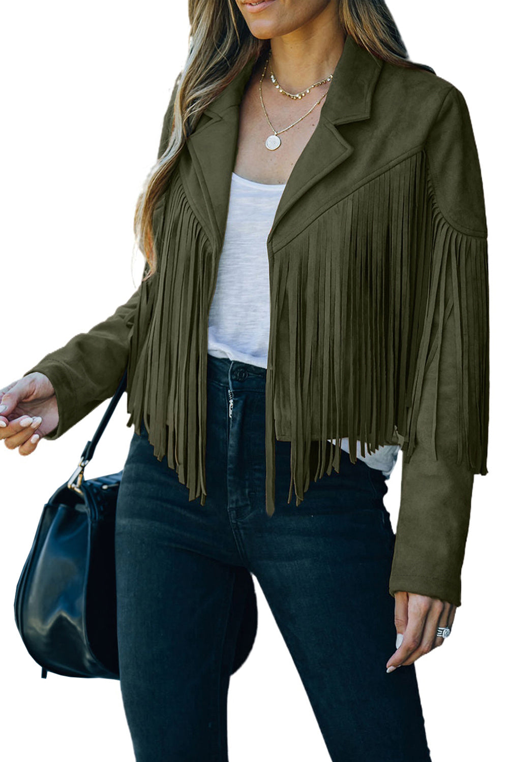 Cropped Fringe Faux Suede Jacket - Outerwear/Jackets
