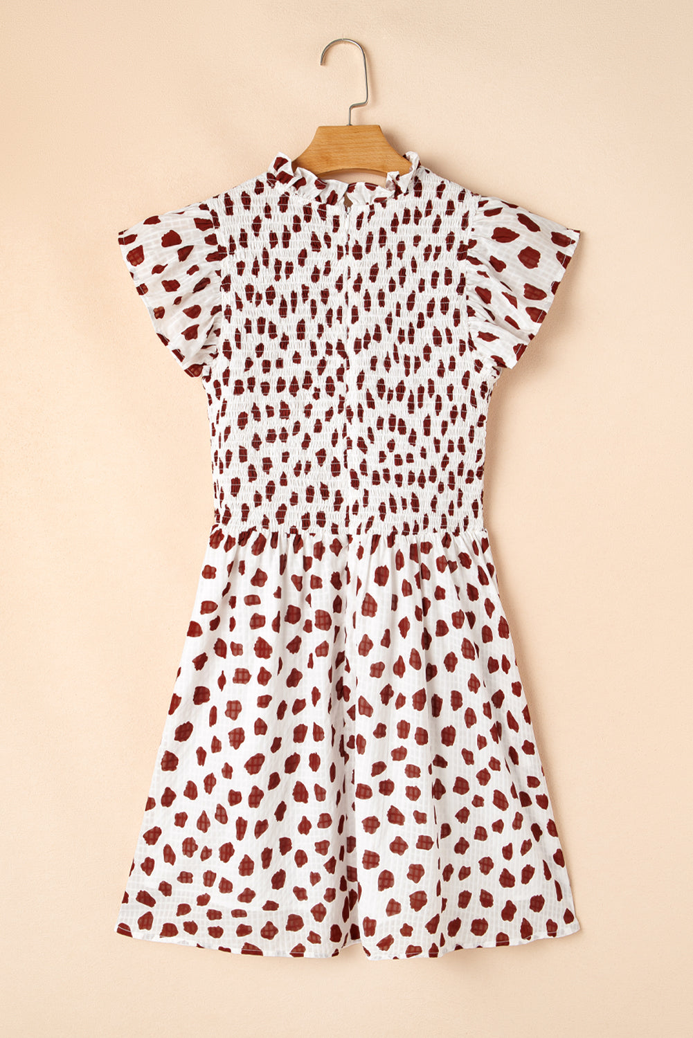 Brown Abstract Printed Flutter Sleeve Smocked Bodice Short Dress eAura