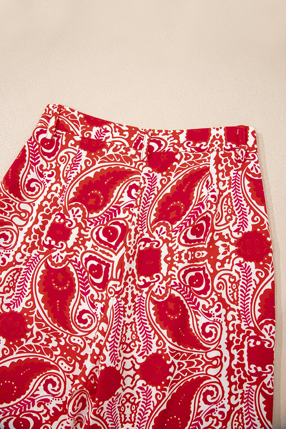 Red Paisley Printed Buttoned High Waist Straight Leg Trousers eAura