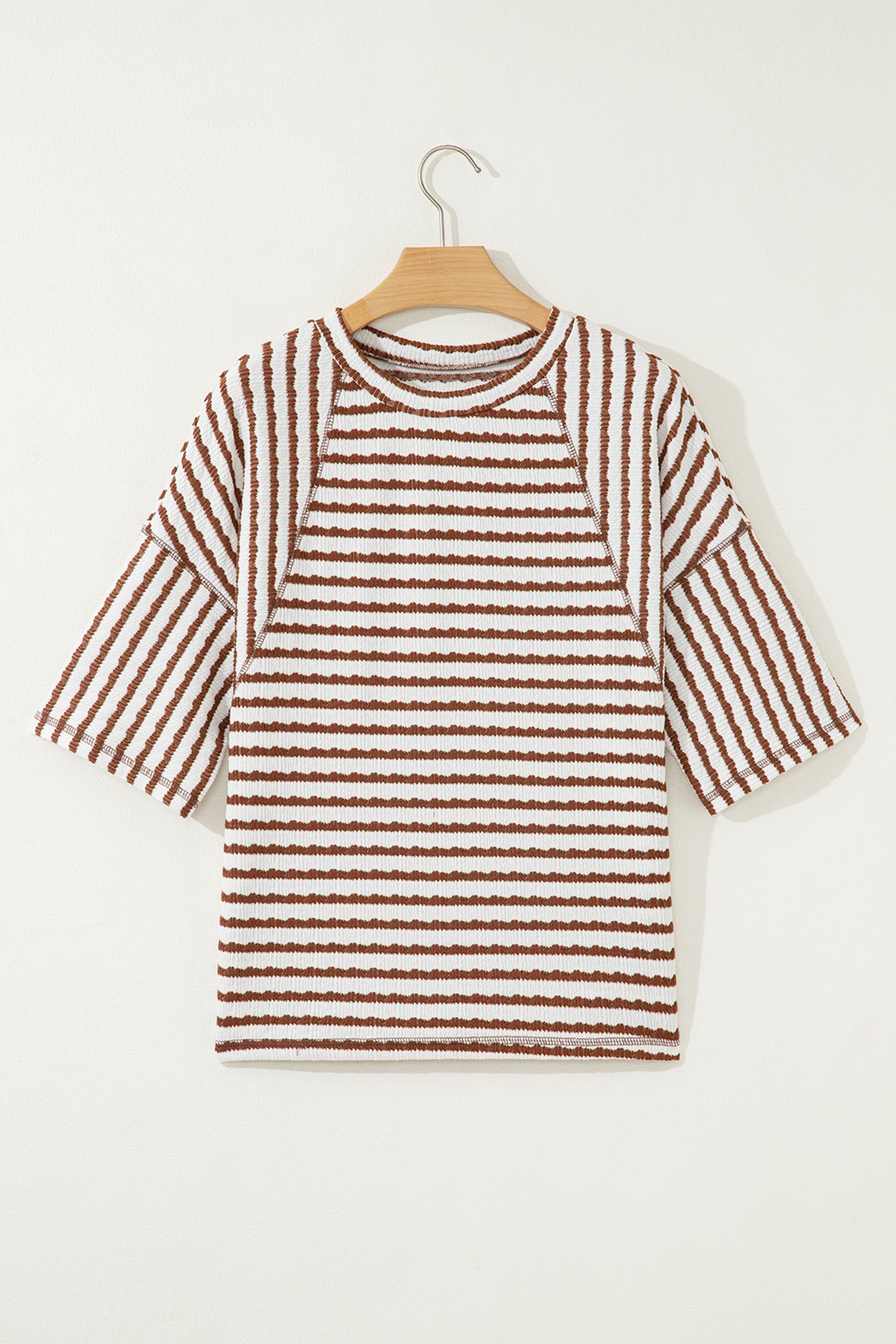 Striped Textured Knit Split Hem Half Sleeve Loose Top