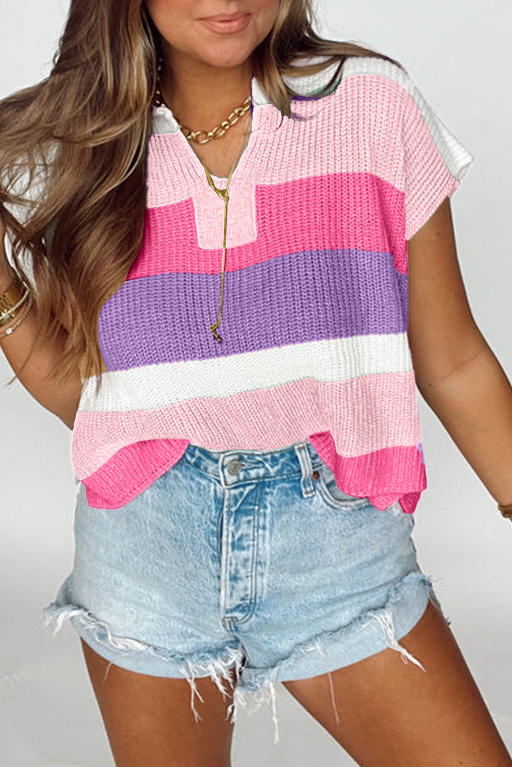 Pink Color Block Notch V Neck Sweater T Shirt Dear-Lover Dropshipping