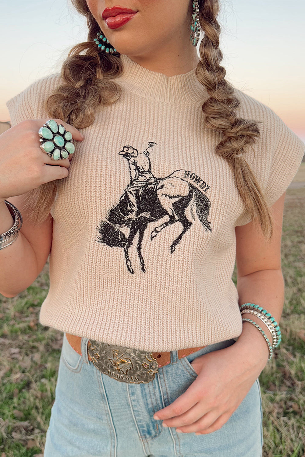 Cowboy Graphic High Neck Short Sleeve Knit Top - Beige / L - Sweaters & Cardigans/Short