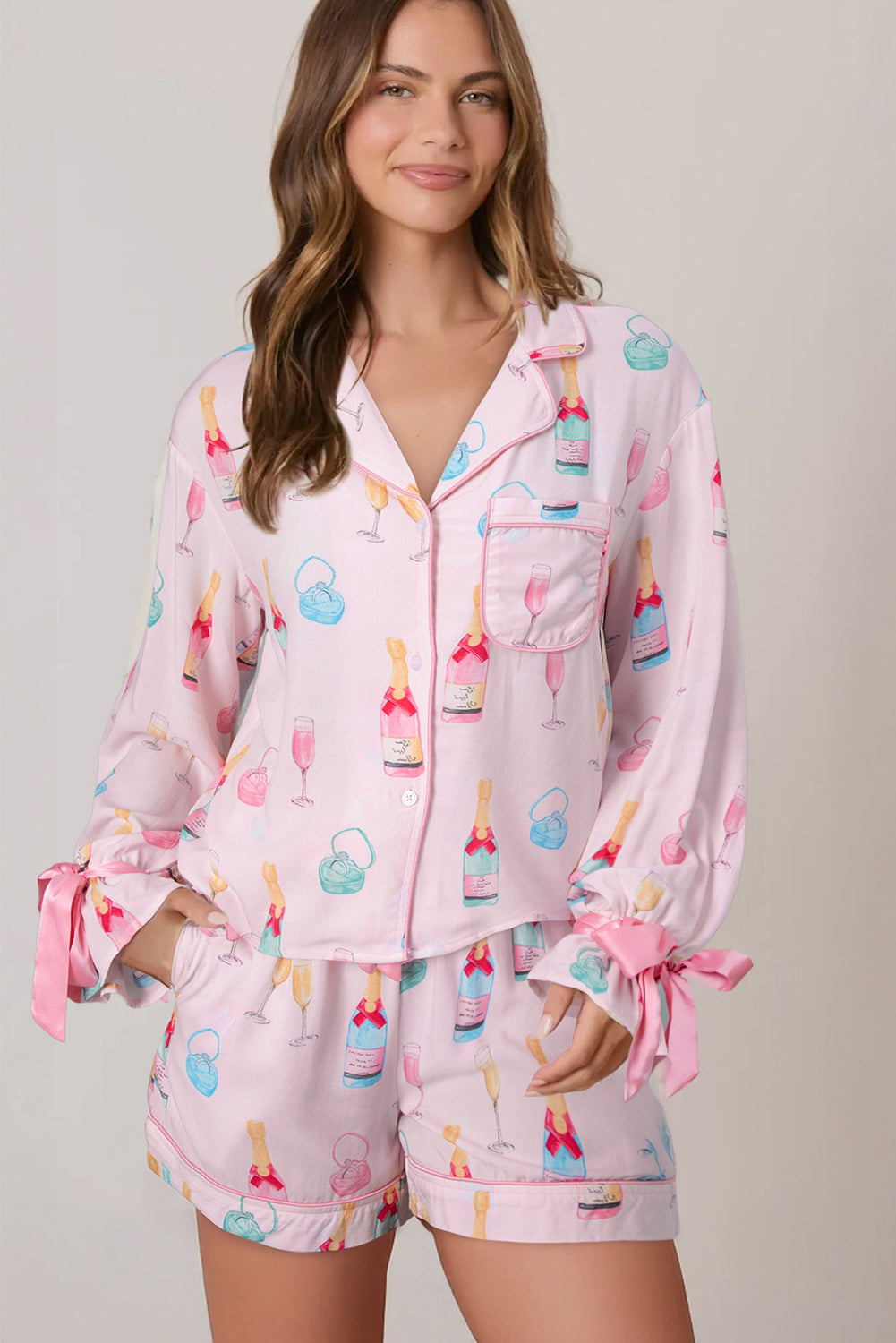 White Christmas Wine Glass Print Bow Knot Two Piece Pyjama Set - eAura
