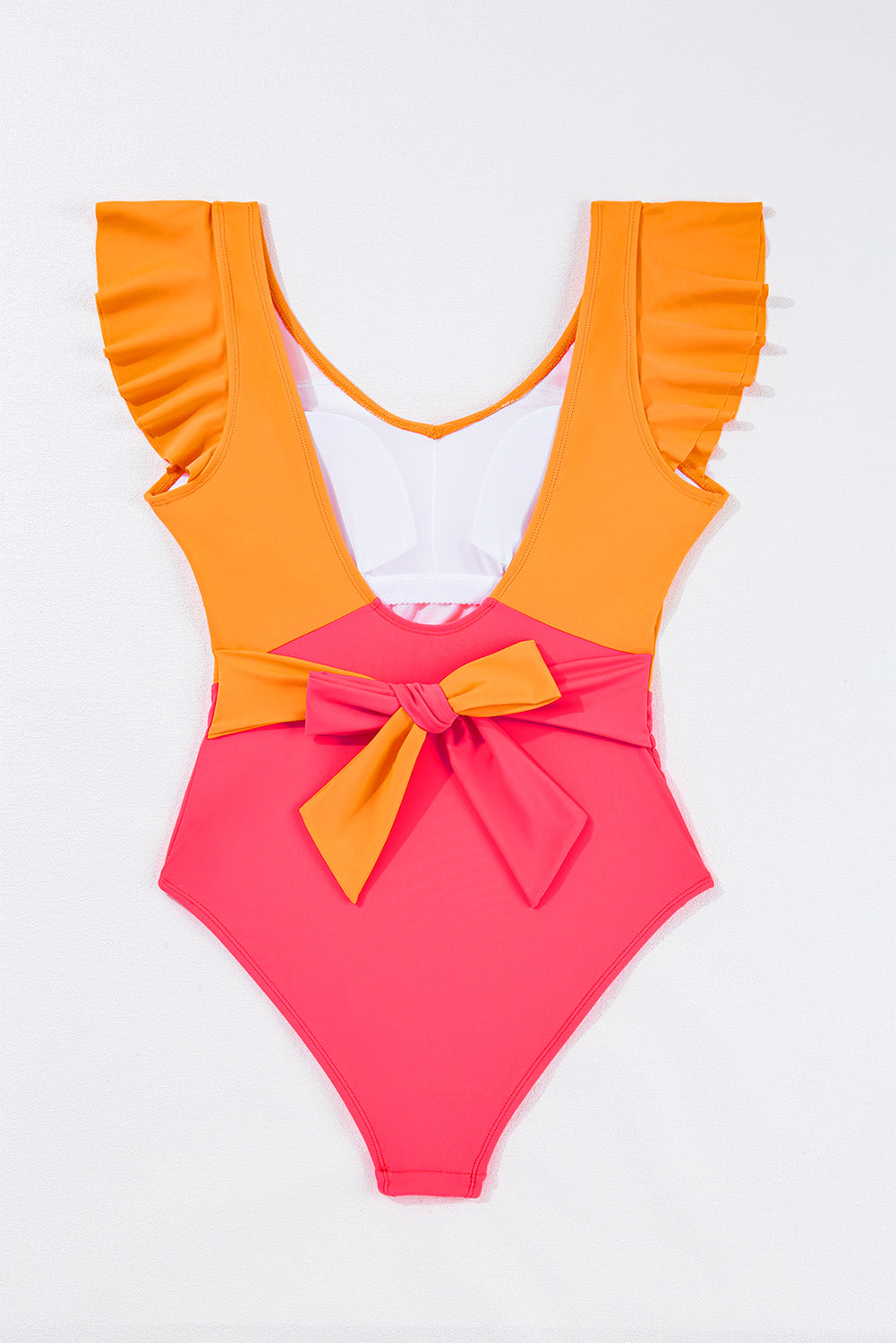 Vitality Orange Colour Block Ruffled Knotted Backless One Piece Swimsuit eAura
