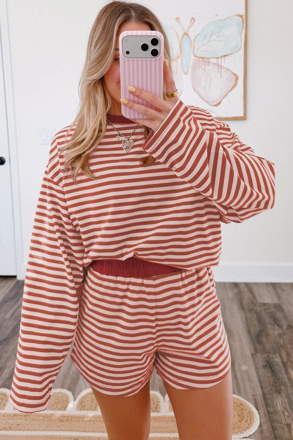 Relaxed Long Sleeve Top Contrast Elastic Waistband Short Set – Brown Stripe