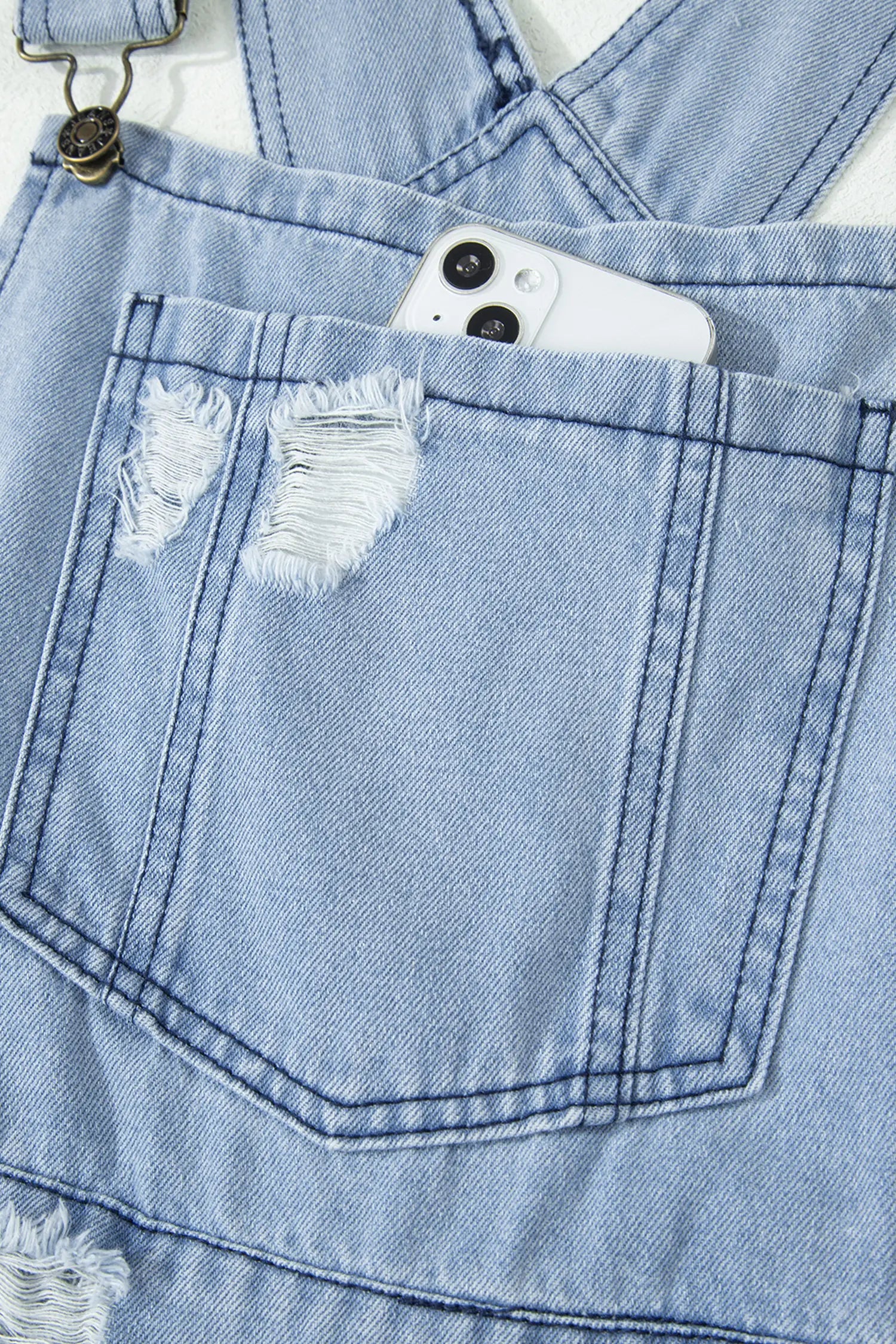 Mist Blue Retro Distressed Button Adjustable Straps Denim Overall Jumpsuit