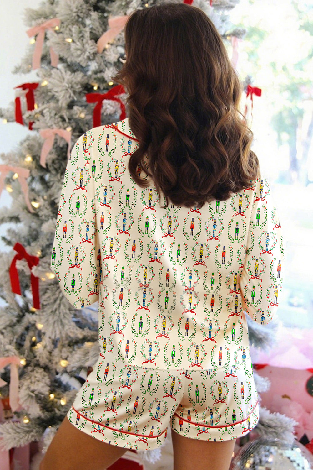 Nutcracker Print Contrast Trim Tied up Bow Silky 2pcs Pajama Set - eAura