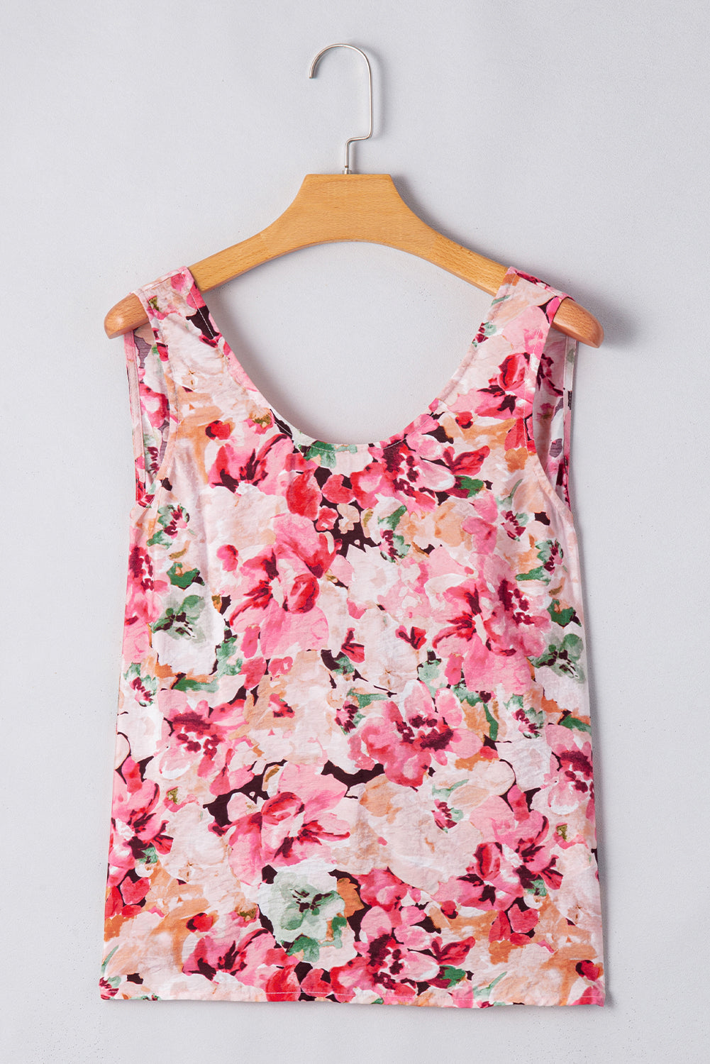Pink Floral Round Neck Twisted Cut Out Back Tank Top - eAura