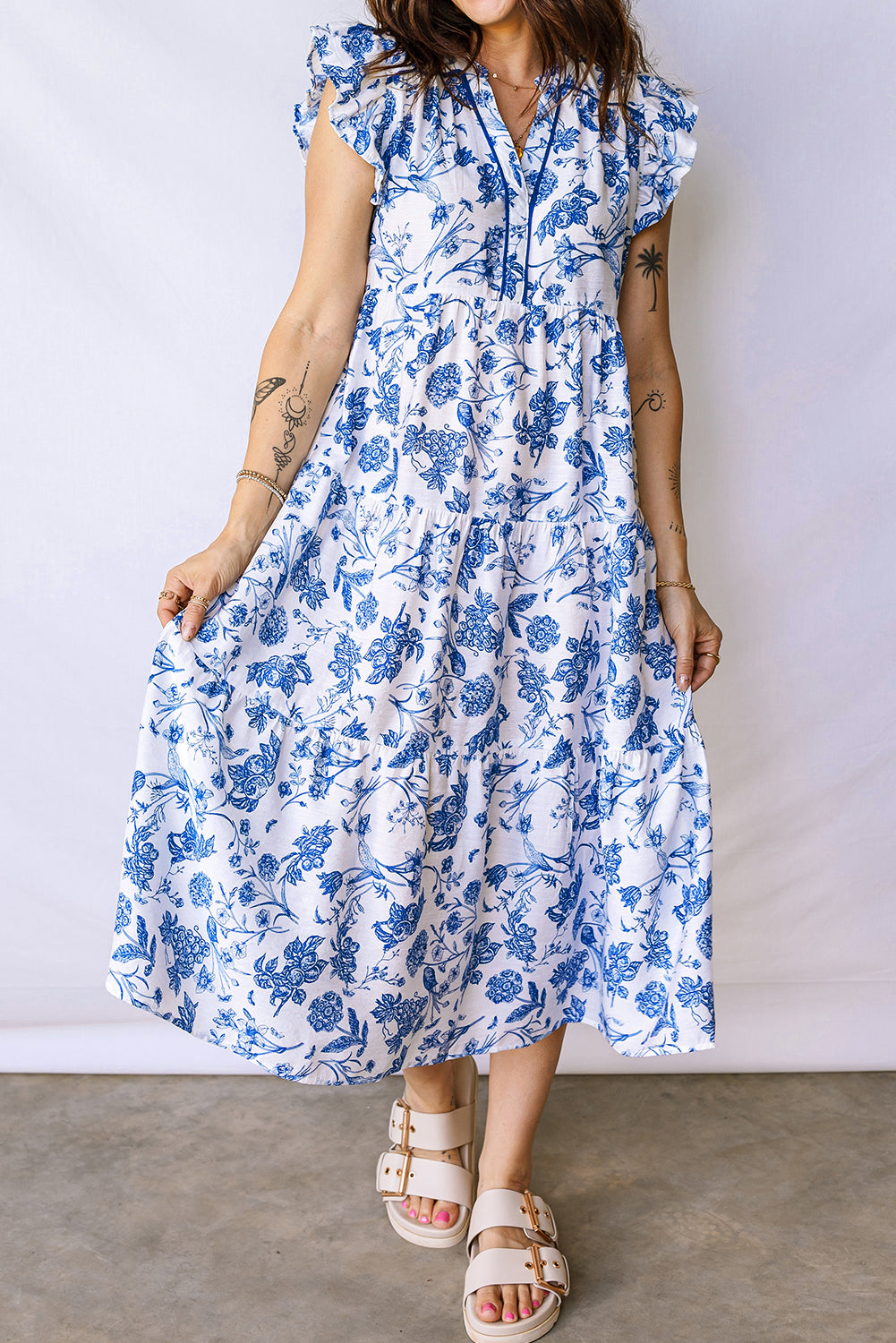 Blue Ruffled Short Sleeve Tiered Floral Midi Dress