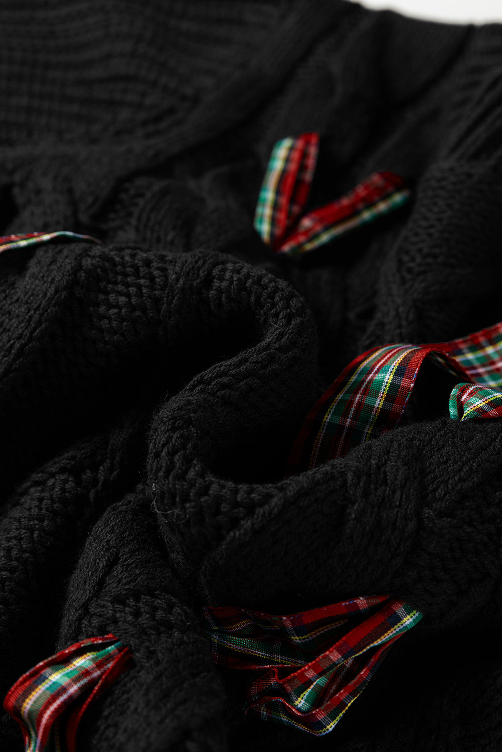 Plaid Lace up Detail Christmas Holiday Puff Short Sleeve Sweater - eAura