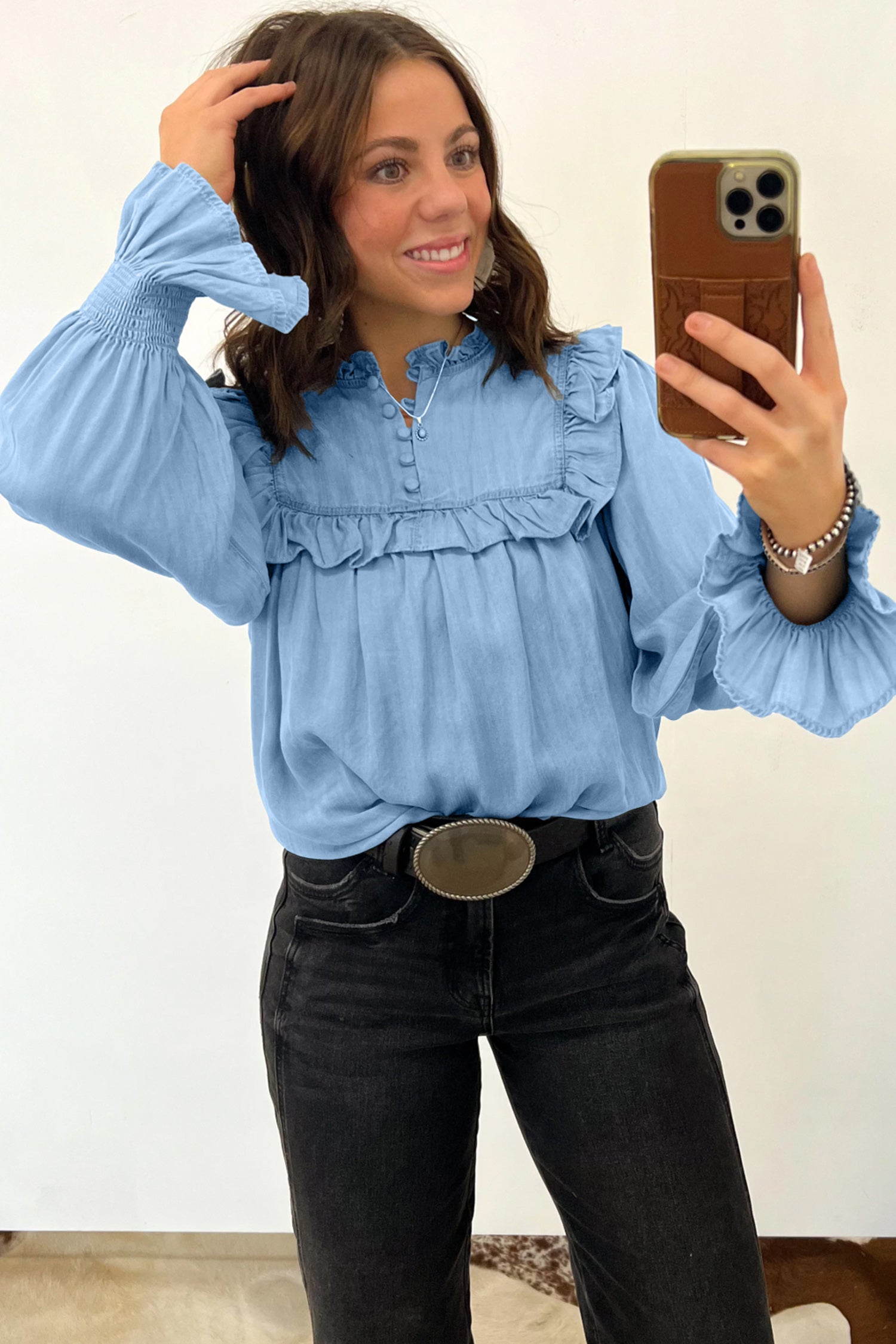 Beau Western Ruffle V Neck Long Sleeve Chambray Blouse – Blue