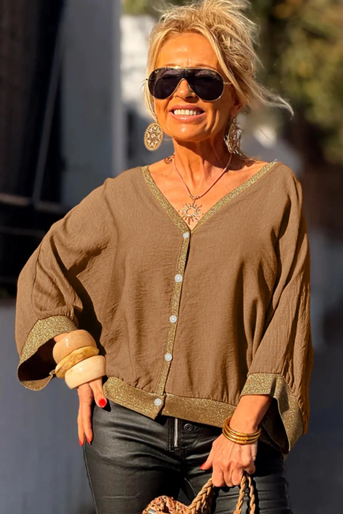Brown V Neck Glitter Trim Patchwork Button-Front Blouse – Honey Gold
