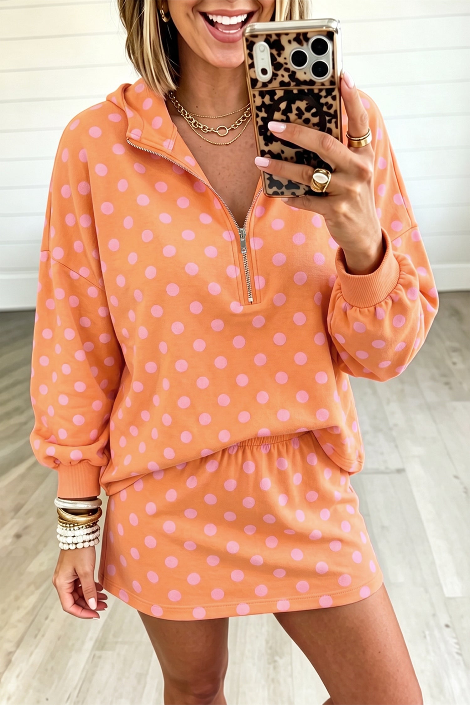 Polka Dot Hooded Long Sleeve Top Casual Mini Skort Set – Khaki