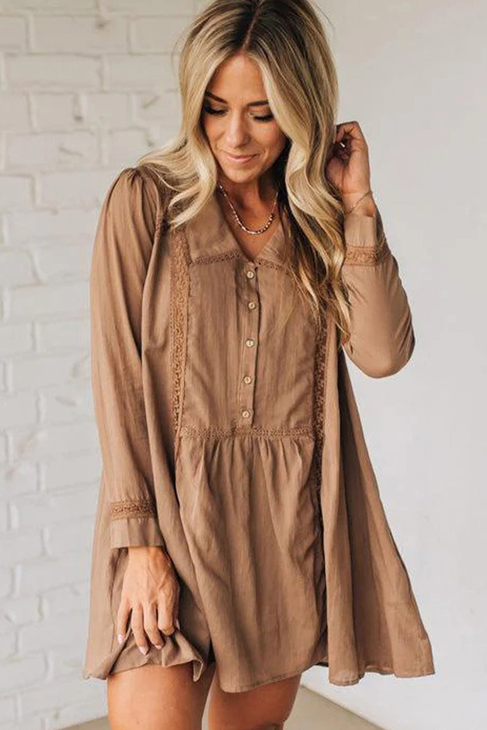 Lace Trim Peter Pan Collar Long Sleeve Mini Shirt Dress - eAura