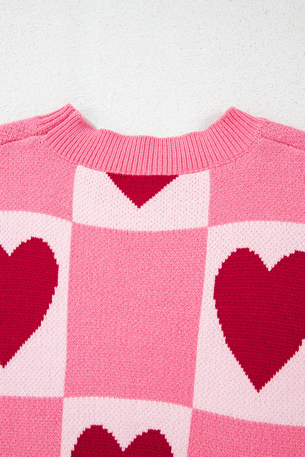 Pink Love Heart Checkered Valentine Crew Neck Sweater eAura