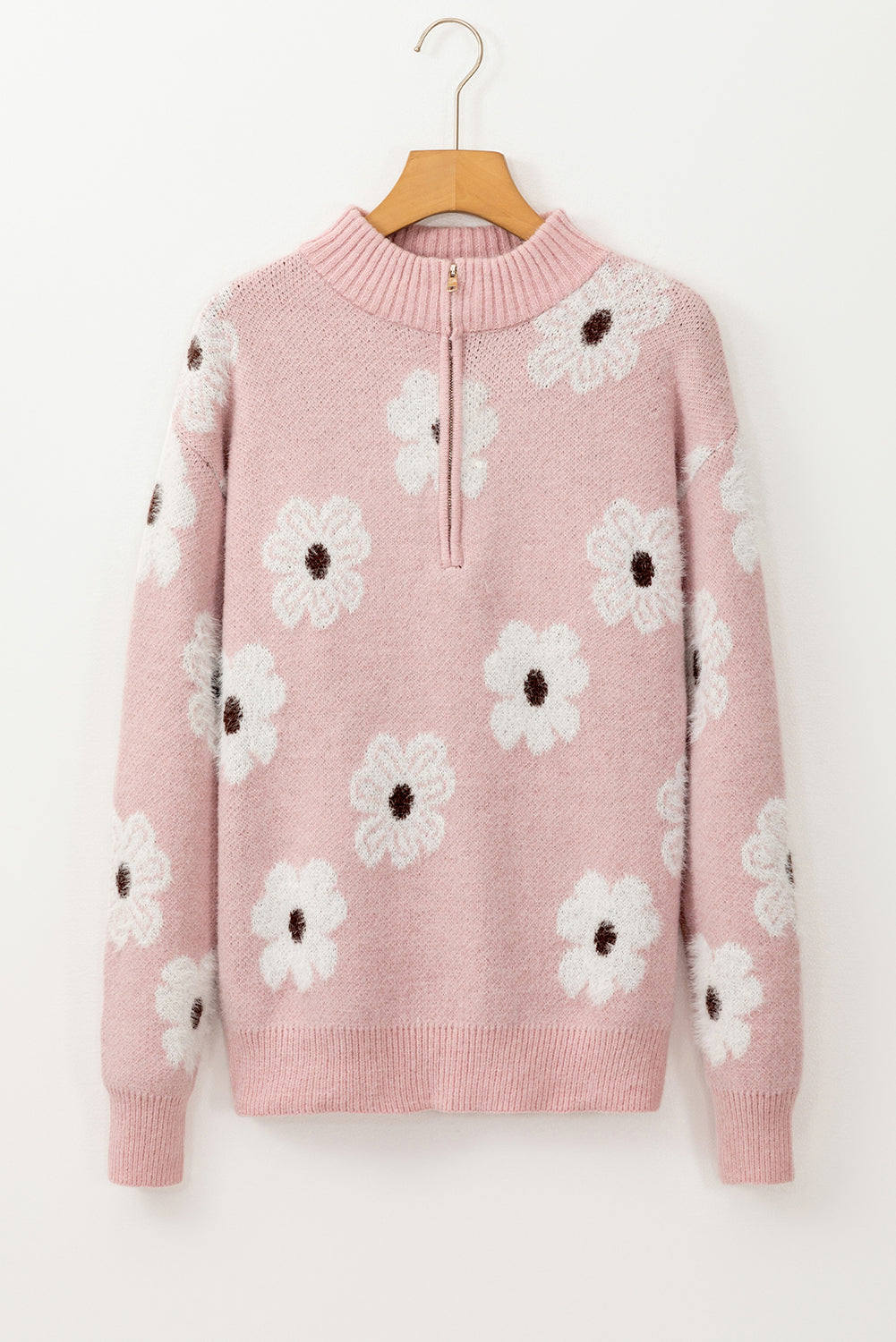 Green Floral Pattern Half Zip Drop Shoulder Sweater eAura