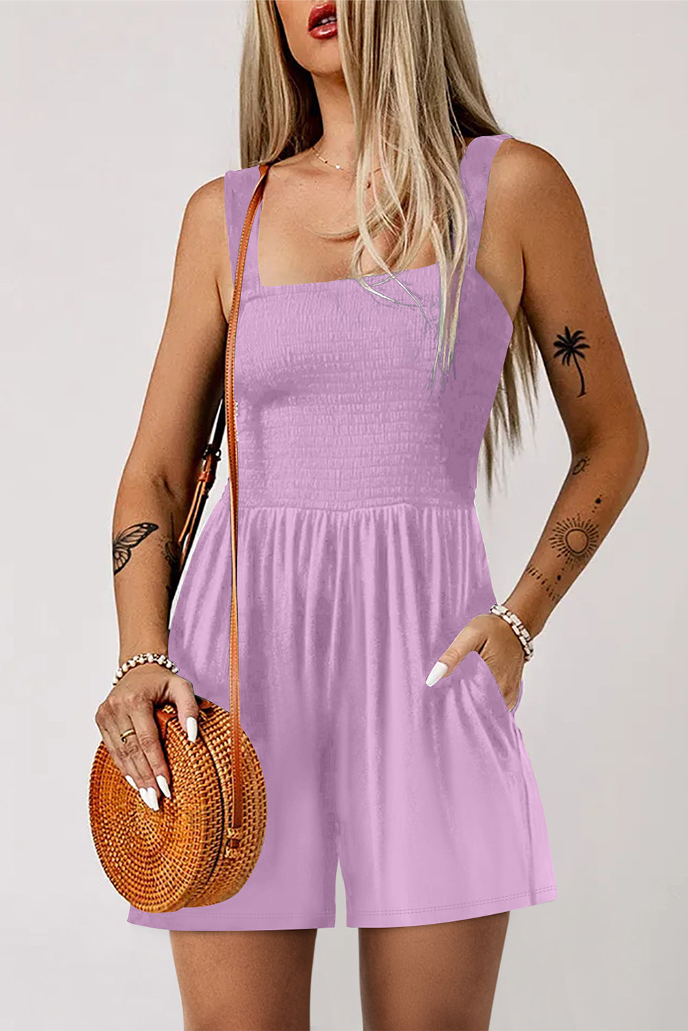 Casual Pocketed Smocked Sleeveless Romper – Phalaenopsis