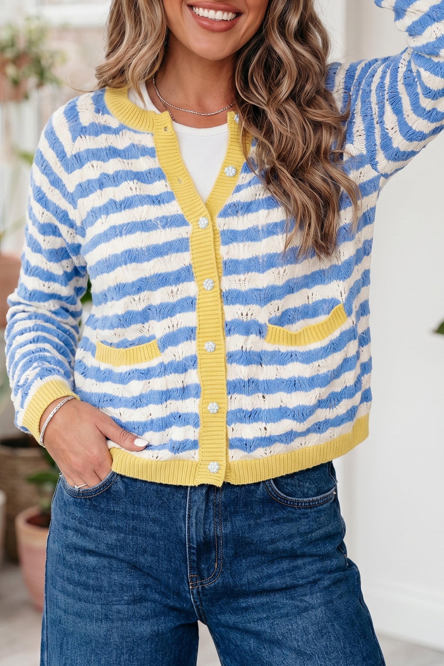 Striped Colorblock Button Front Long Sleeve Loose Fit Knit Cardigan – Sky Blue Stripe