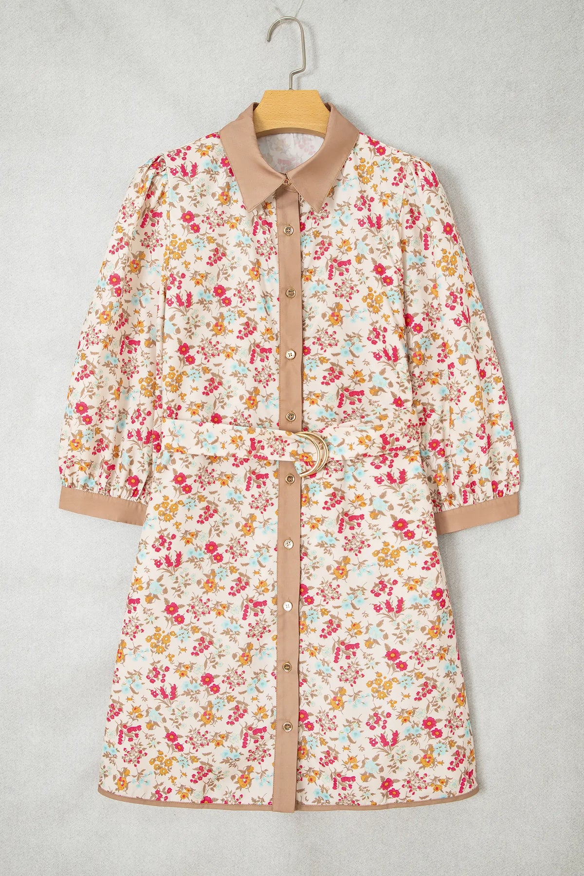 Floral Print Colour Block Trim Button Down 3/4 Sleeve Belted Mini Dress – Orange
