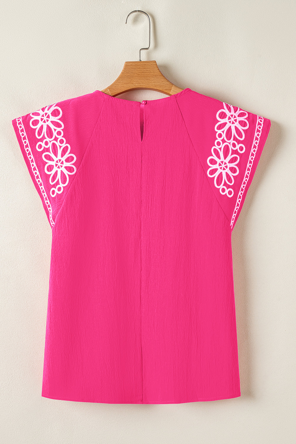Sachet Pink Floral Embroidered Flutter Sleeve Pleated Neck Blouse eAura