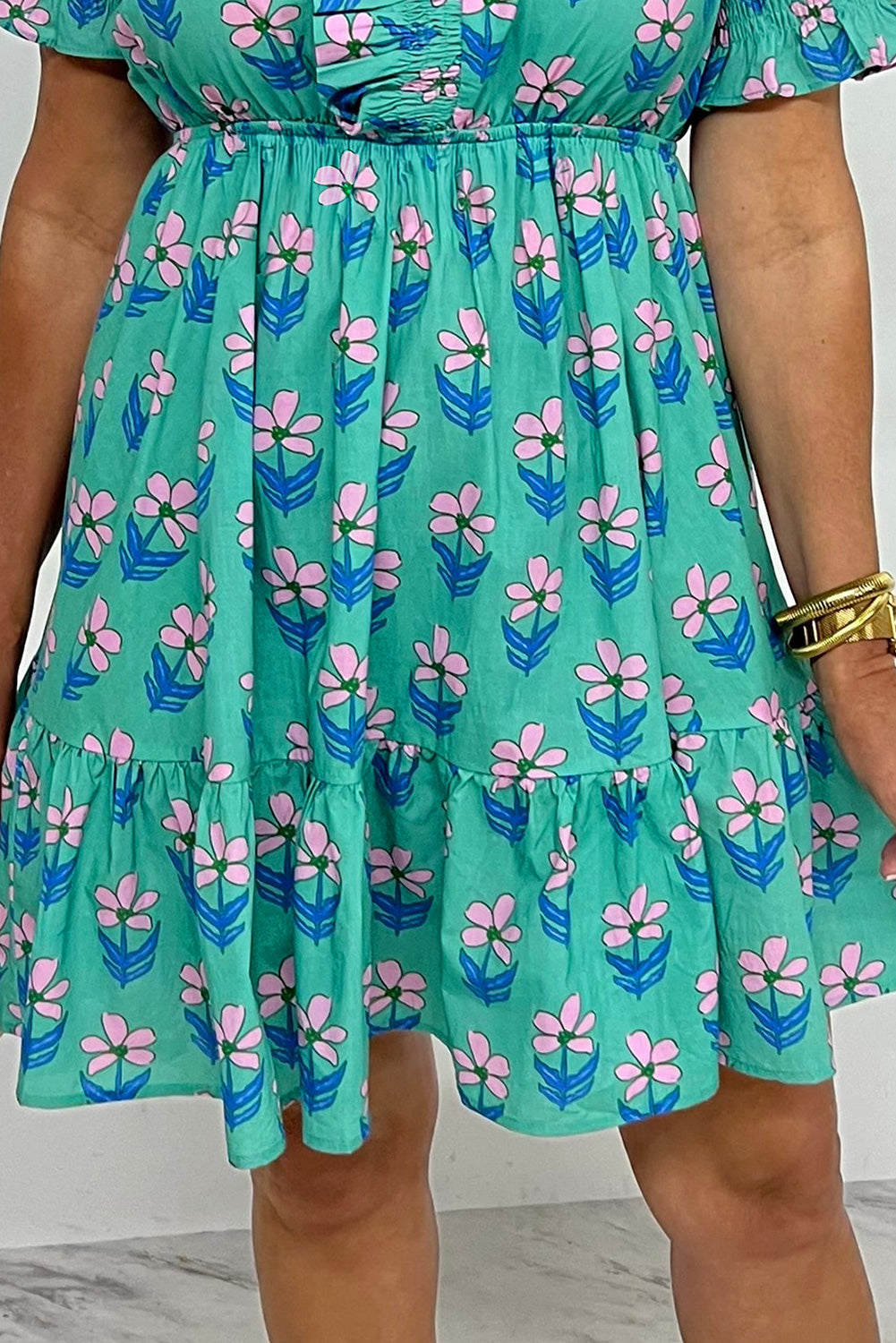 Green Floral Print Frilly Smocked Detail Mini Dress Dear-Lover Dropshipping