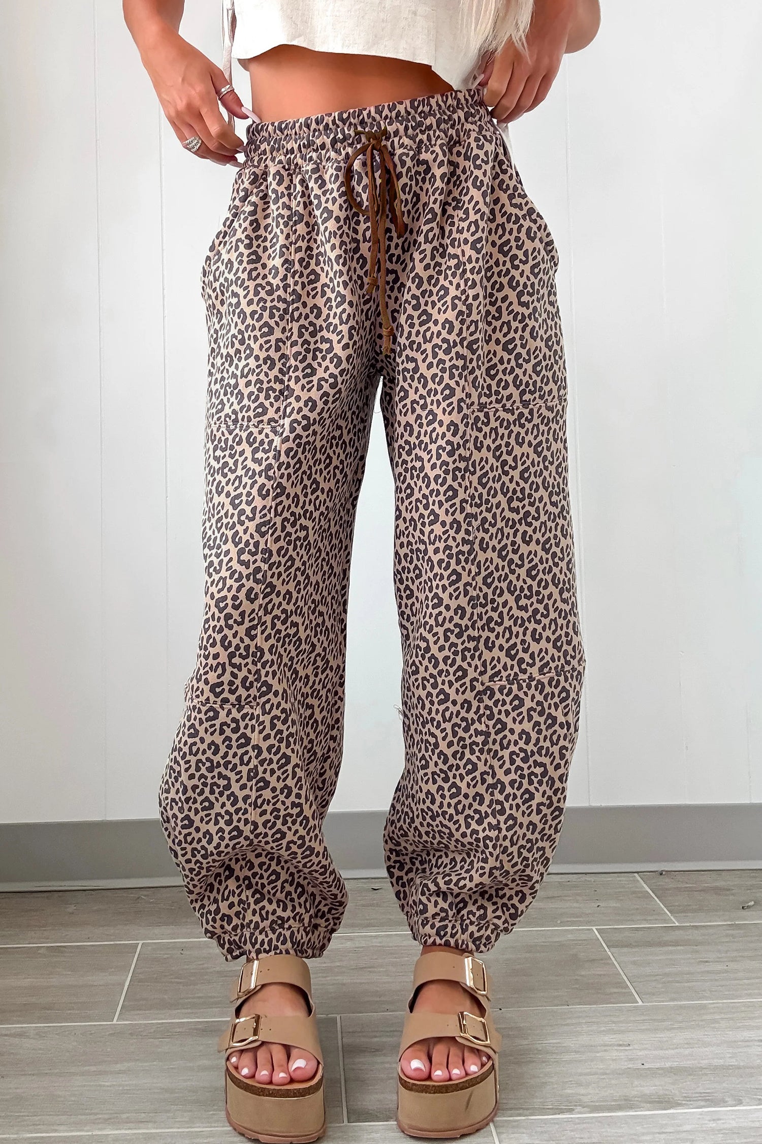 Leopard Print Elastic Waist Ankle Length Pants – Khaki