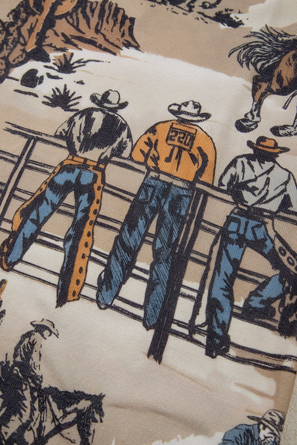 Khaki Western Cowboy Print Cuffed Sleeve Crewneck T Shirt eAura