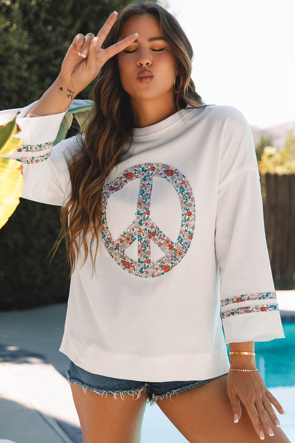 Jet Stream Floral Peace Sign Graphic Drop Shoulder Wide Sleeve Casual Top eAura