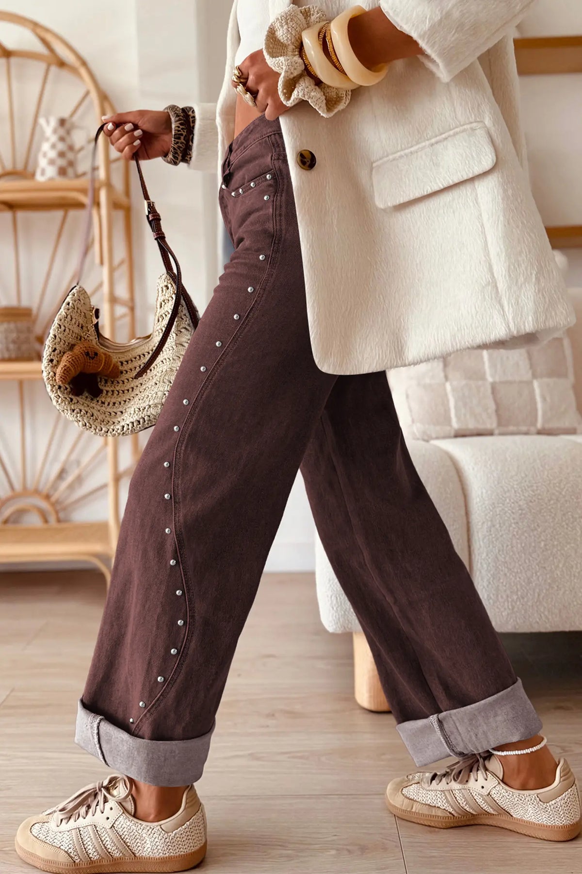 Side Seam Rivet Detail Ankle Length Casual Jeans – Coffee