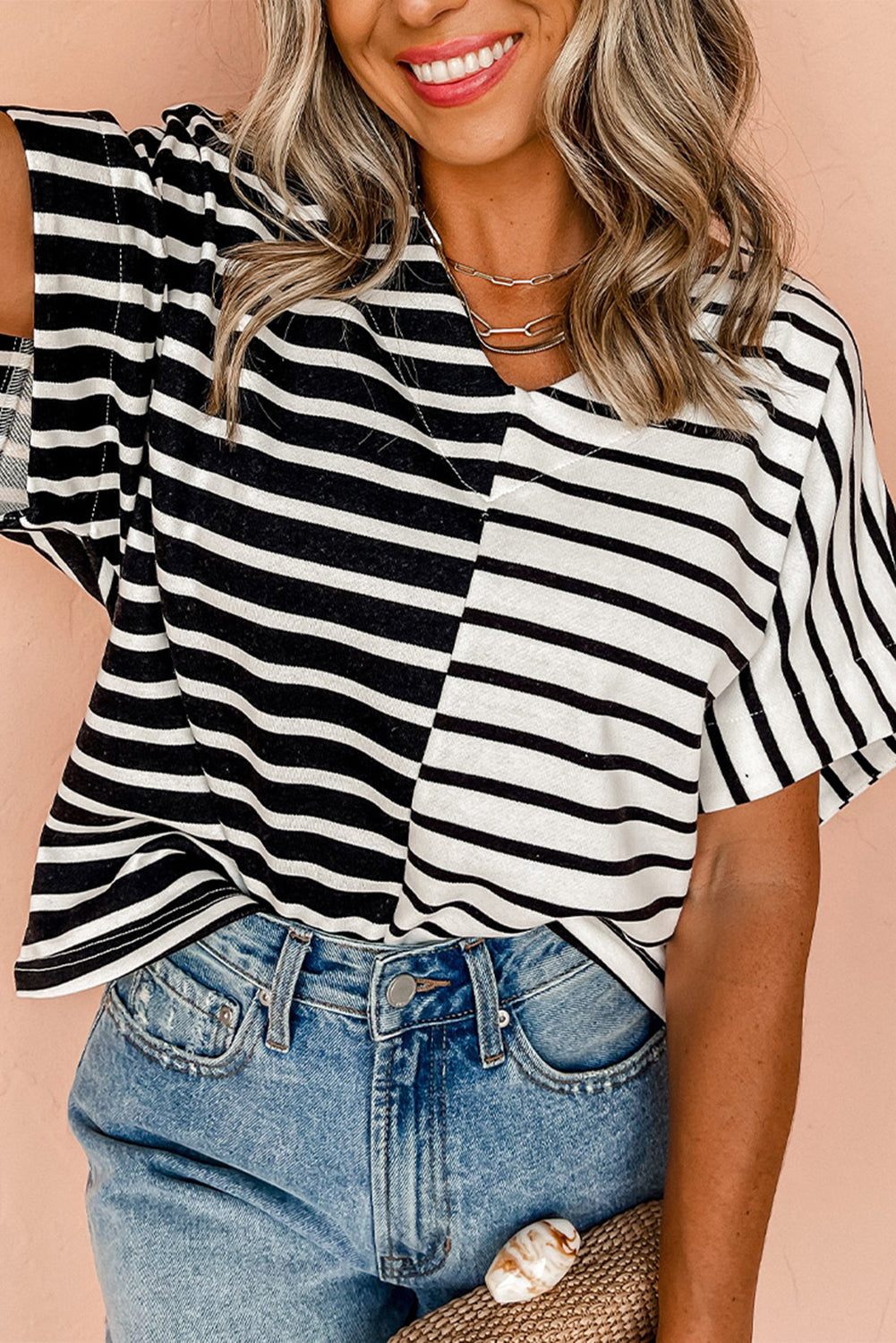 Black Stripe Two Tone Colourblock V Neck T Shirt eAura