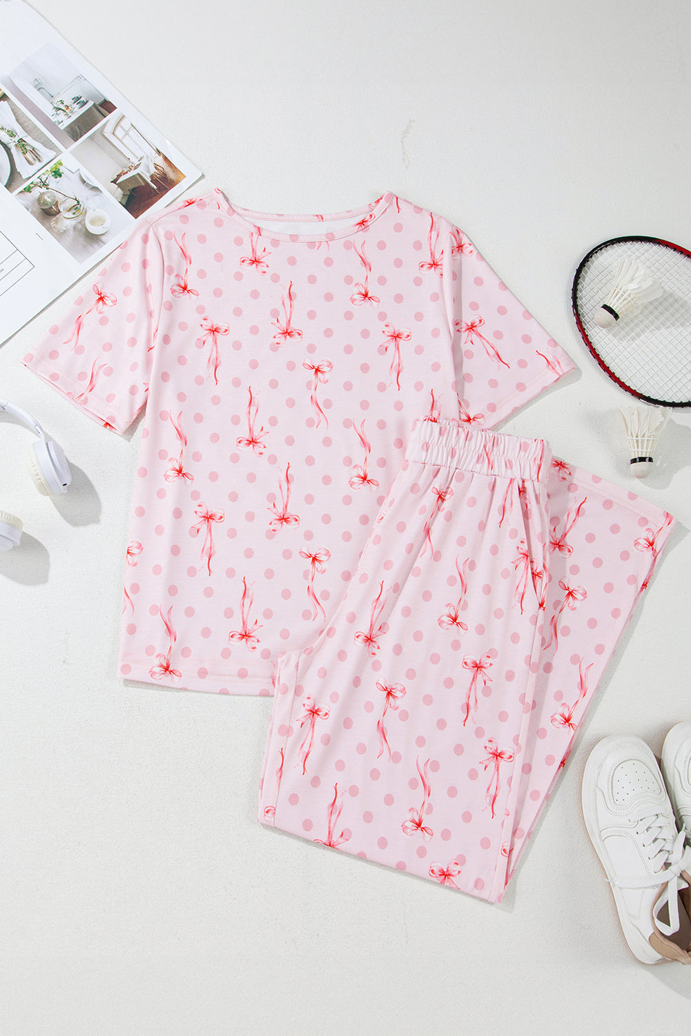 Pink Bow Knot Polka Dot Print Short Sleeve Top Lounge Set eAura
