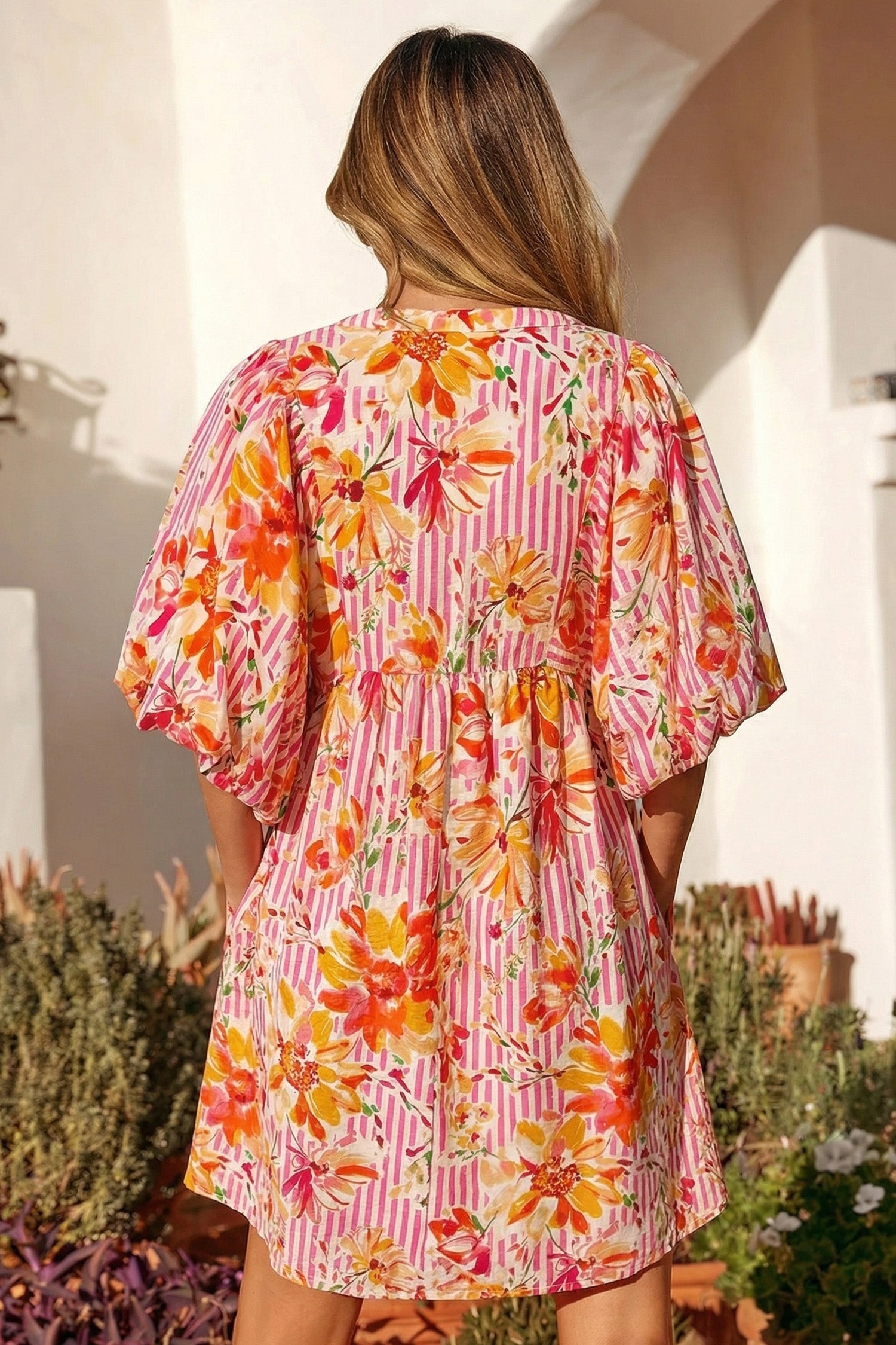 Striped Floral Print Tie Neck Puff Sleeve Babydoll Mini Dress