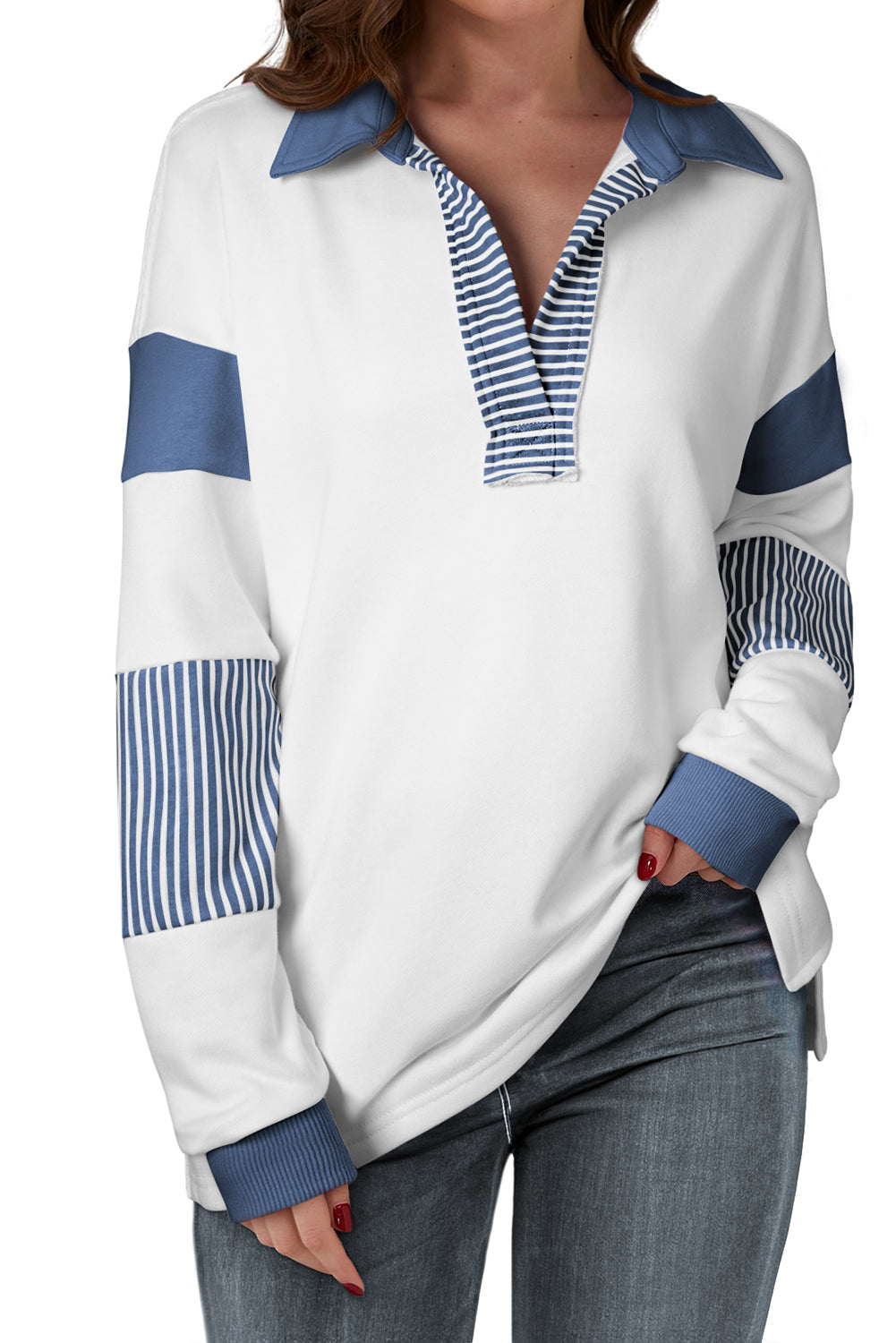 Black Striped Colourblock Patchwork Collar Sweatshirt eAura