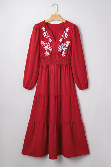 Contrast Embroidered Detail Cinched Waist Tiered Long Sleeve Maxi Dress