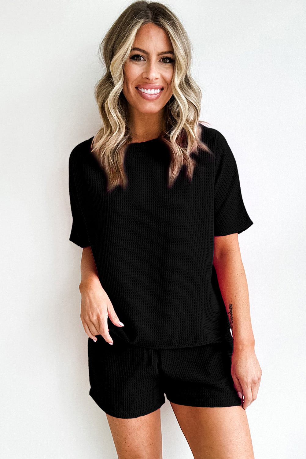 Casual Textured Tee and Drawstring Shorts Set Co-ord eAura