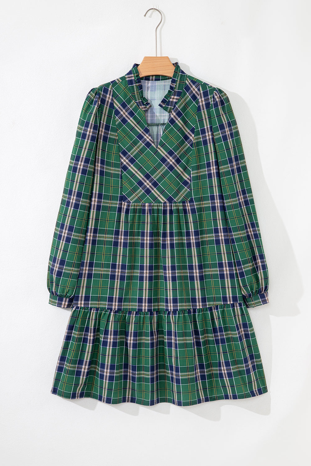 Green Plaid Print Frilly Collar Long Sleeve Shift Mini Dress eAura