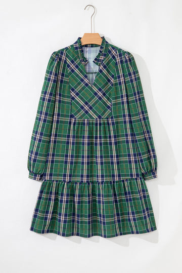 Green Plaid Print Frilly Collar Long Sleeve Shift Mini Dress eAura