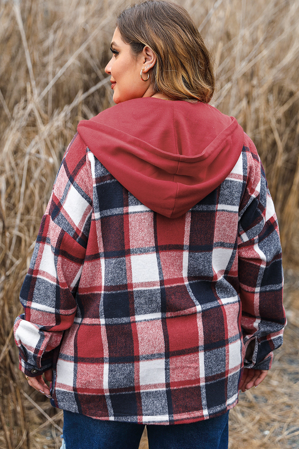 Red Printed Plus Size Plaid Button up Hooded Jacket BB Fashion Outlet