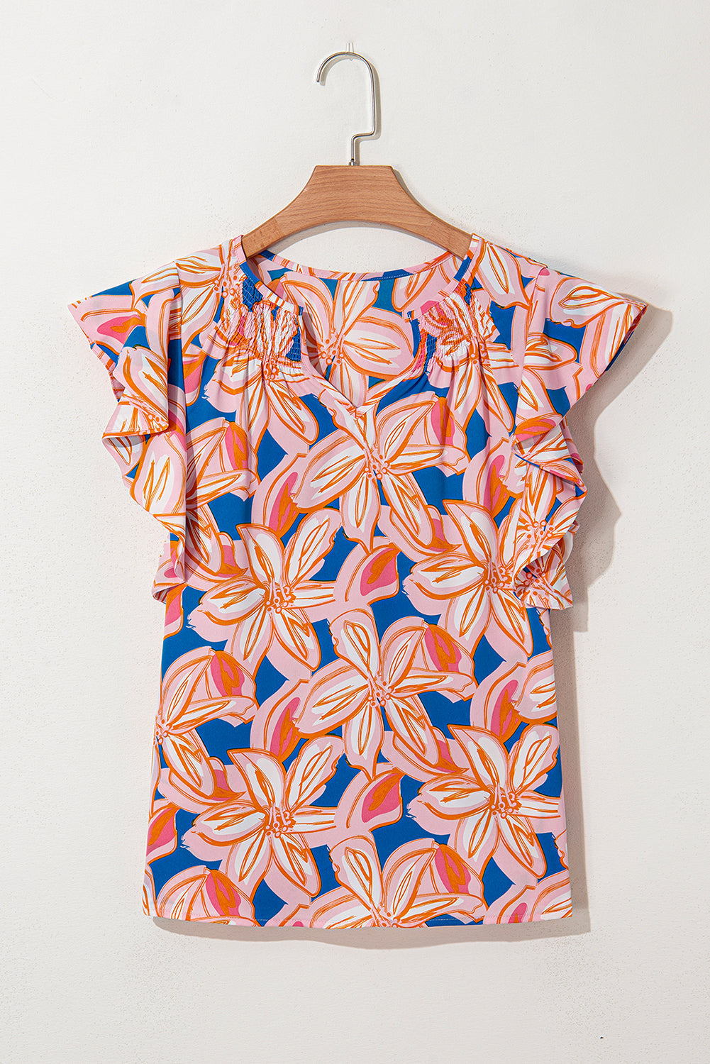 Orange Summer Flower Print Notched Neck Ruffle Sleeve Blouse eAura