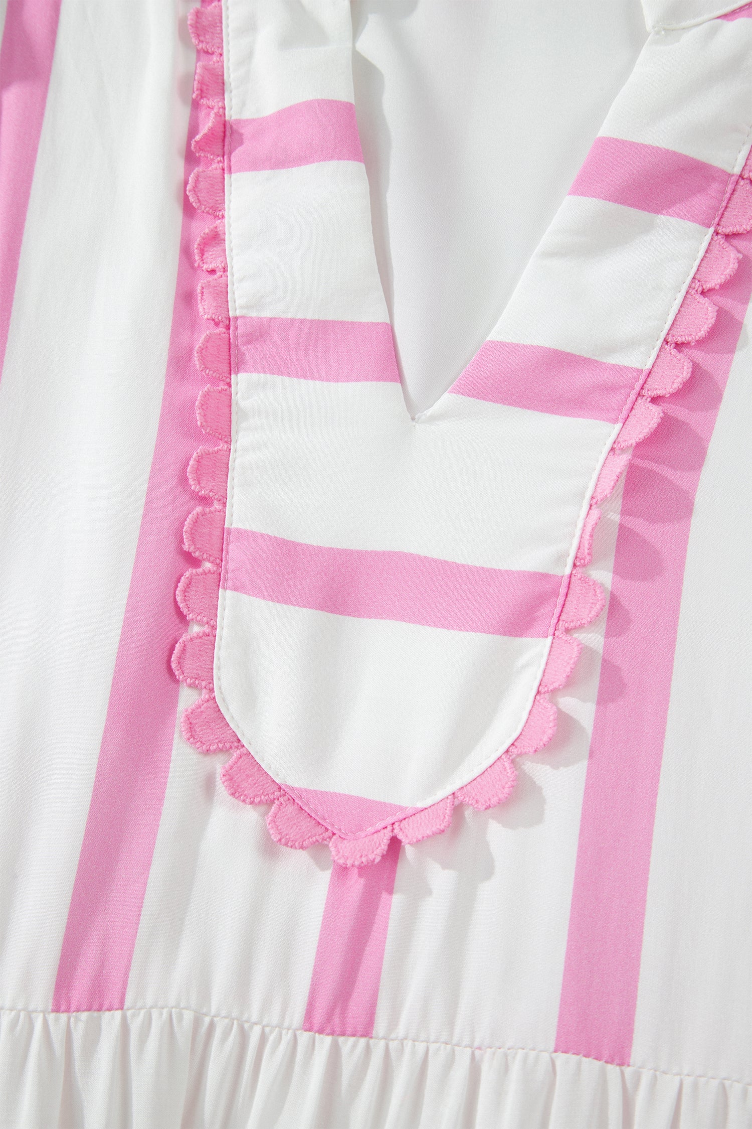 Stripe Ricrac Trim Puff Sleeve Midi Vacation Dress – Pink