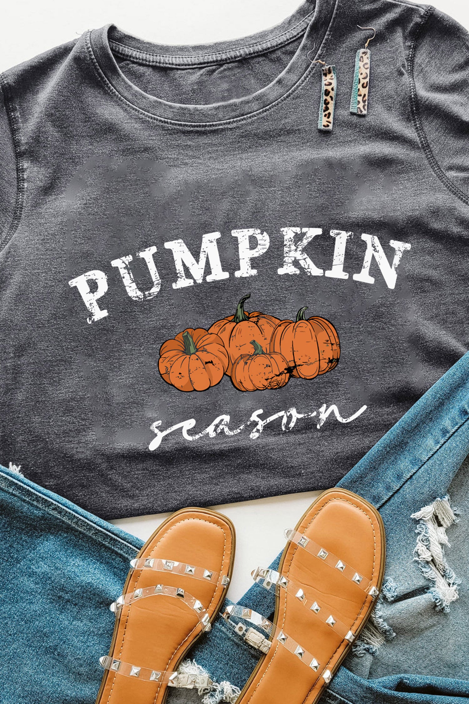 Pumpkin Season Graphic Round Neck Short Sleeve T-Shirt – Gray