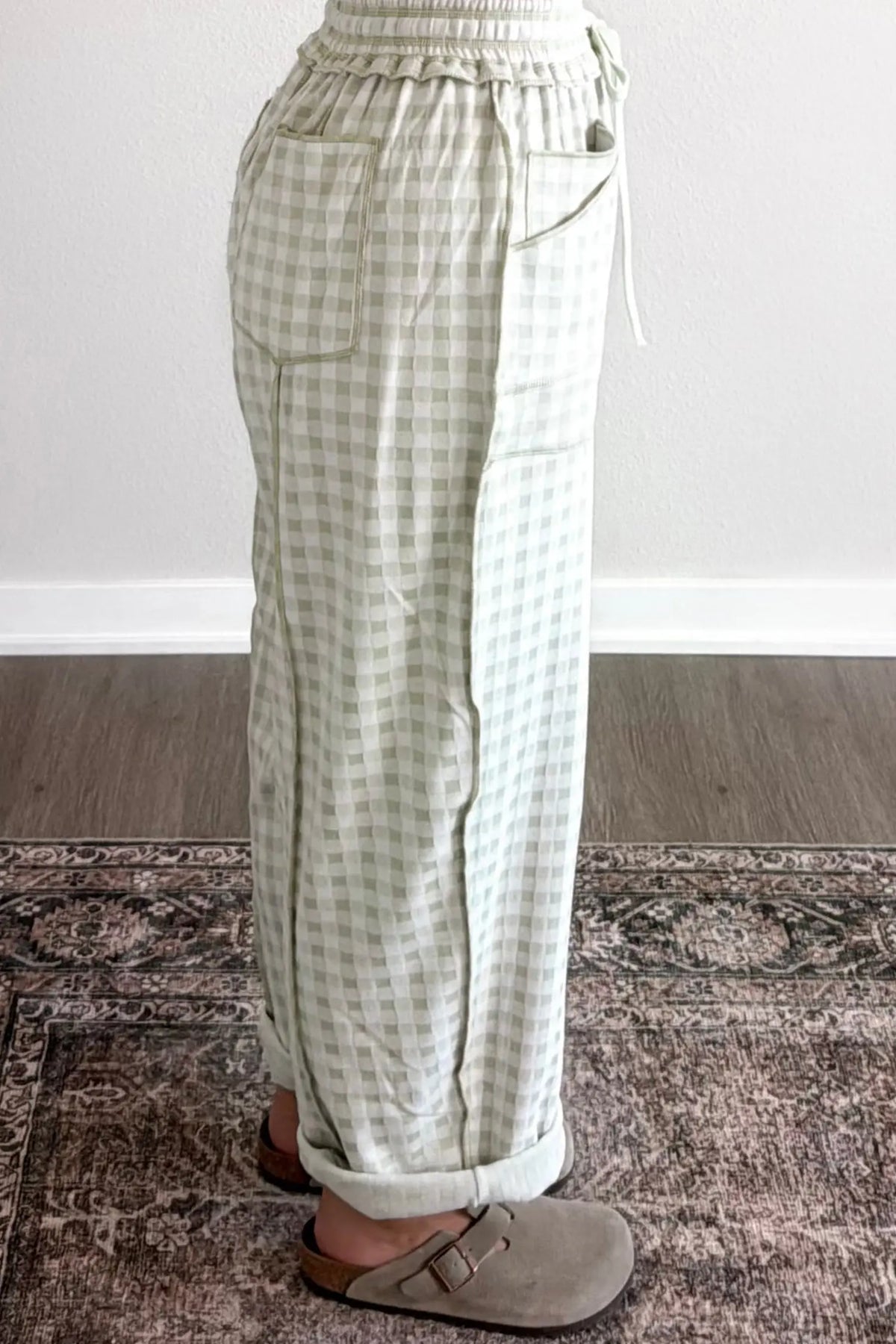 Plaid Contrast Trim Drawstring Elastic Waist Shift Pants – Green
