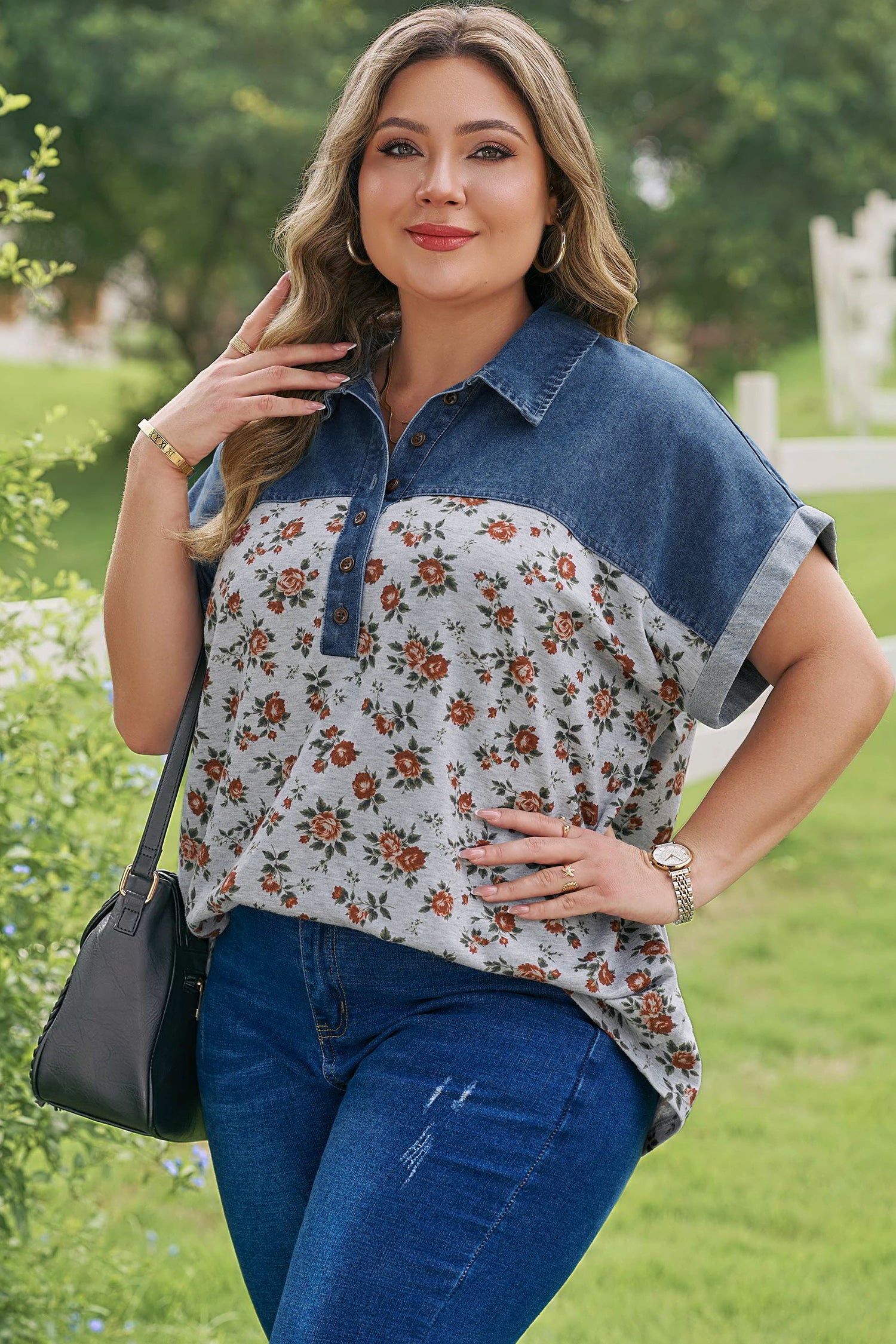 Retro Floral Print Denim Patchwork Plus Size Polo Tee
